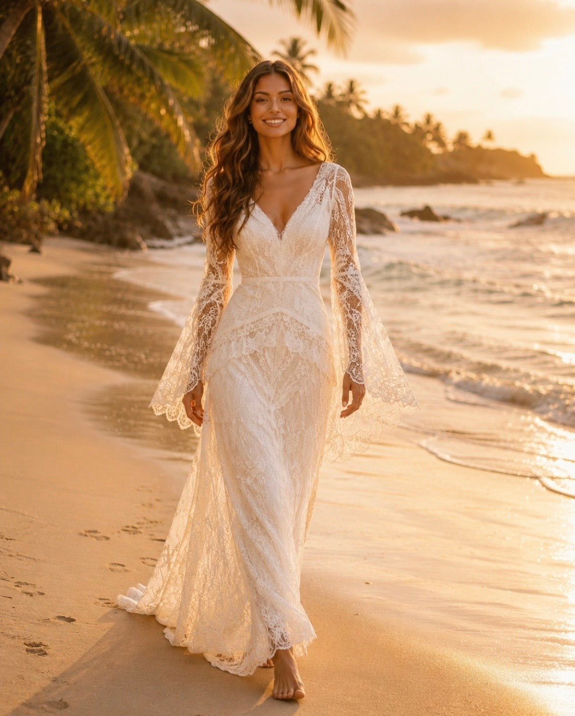 Bohemian Wedding Dress, Lace Bridal Gown,with Chapel Train, long sleeves Beach Bridal Dress, Handmade
