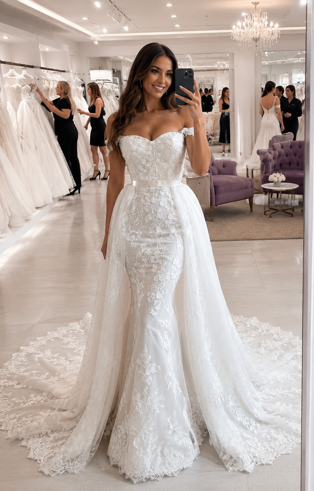 Wedding dress detachable train |trumpet-style | with off-the-shoulder sleeves | with appliqués | Custom-made