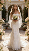 Boho Mermaid Lace Wedding Dress | Off Shoulder Custom Bridal Gown Made Entirely of Floral Lace | Long Sleeve Wedding Dress