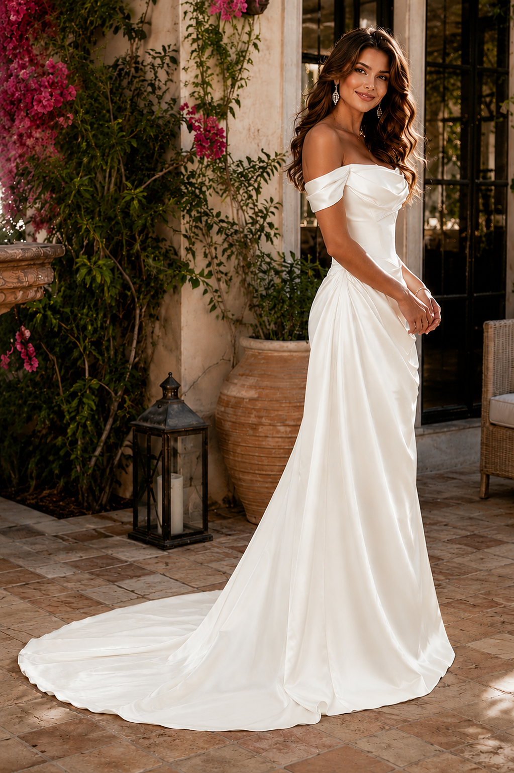 Off-Shoulder Satin Wedding Dress with Corset & Long Train | Custom Made-to-Measure Bridal Gown