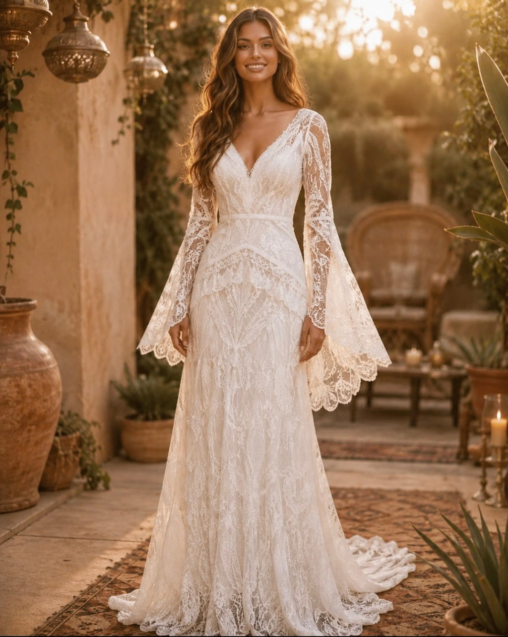 Bohemian Wedding Dress, Lace Bridal Gown,with Chapel Train, long sleeves Beach Bridal Dress, Handmade