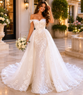 Wedding dress detachable train |trumpet-style | with off-the-shoulder sleeves | with appliqués | Custom-made