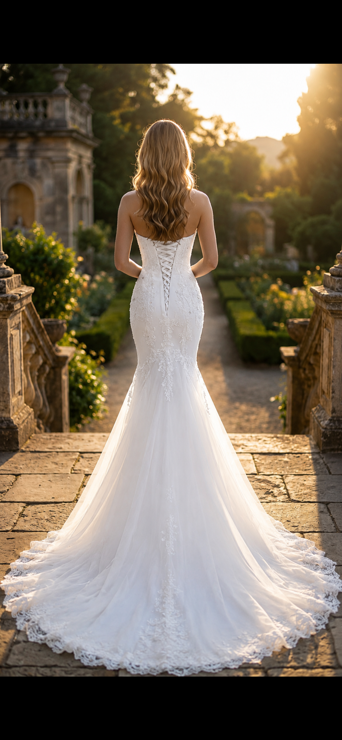 Strapless Mermaid Wedding Dress with Lace Appliqué & Sequin Details | Custom Beach Bridal Gown with Long Train