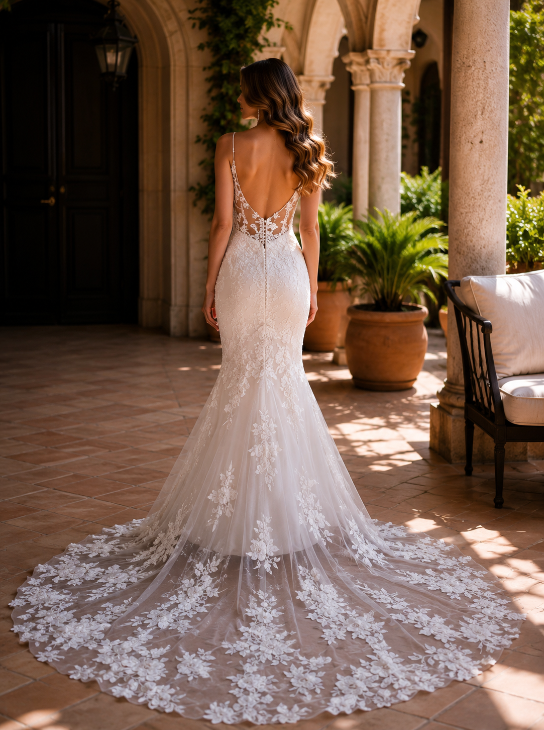 Vintage Mermaid Wedding Dress with Open Back & Spaghetti Straps | Custom Lace Appliqué Bridal Gown
