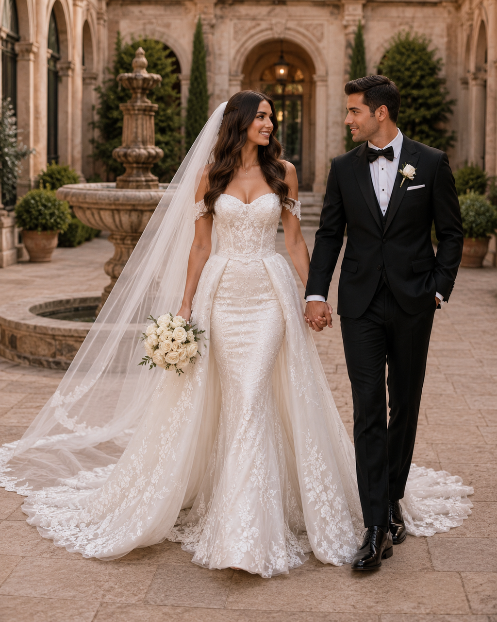 Wedding dress detachable train |trumpet-style | with off-the-shoulder sleeves | with appliqués | Custom-made