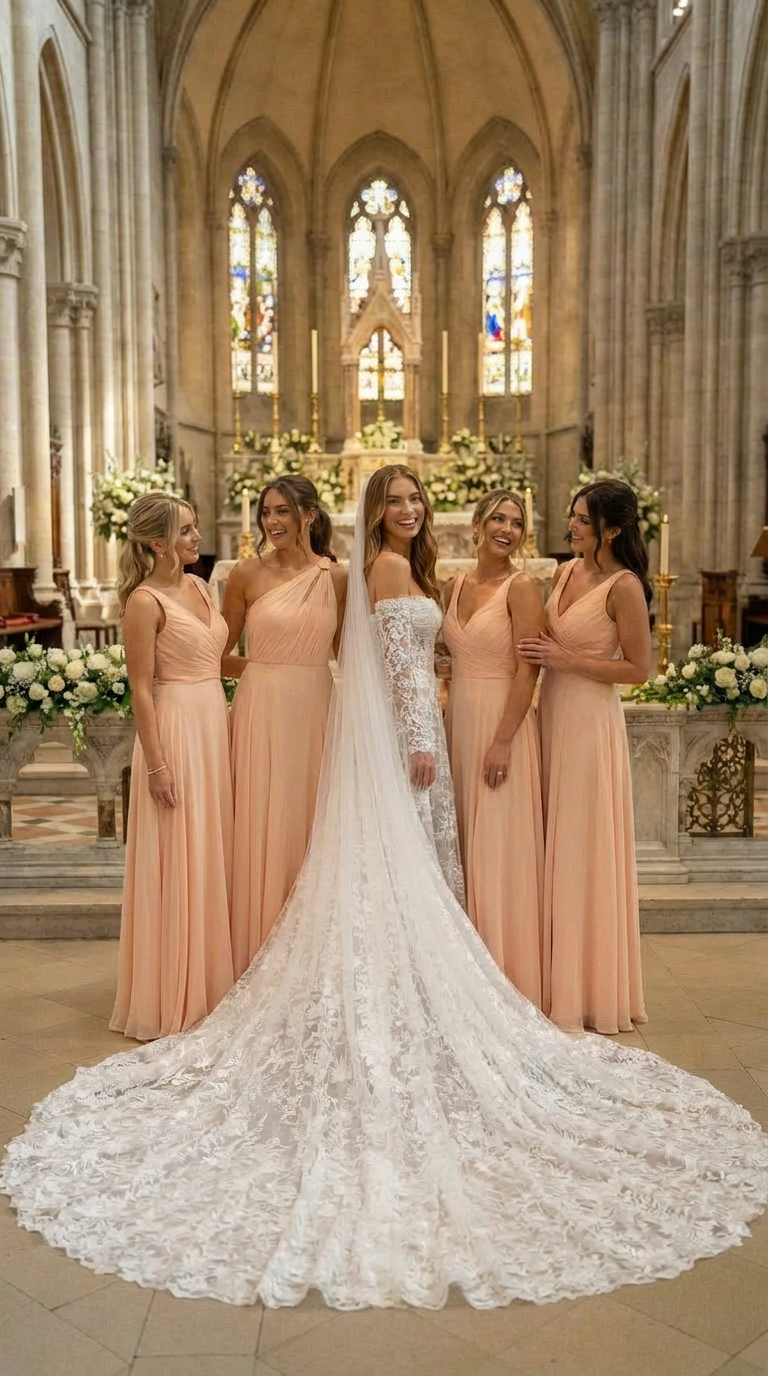 Custom Made Lace Wedding Dress with Sweetheart Neckline, Off-the-Shoulder Long Sleeves Long Train