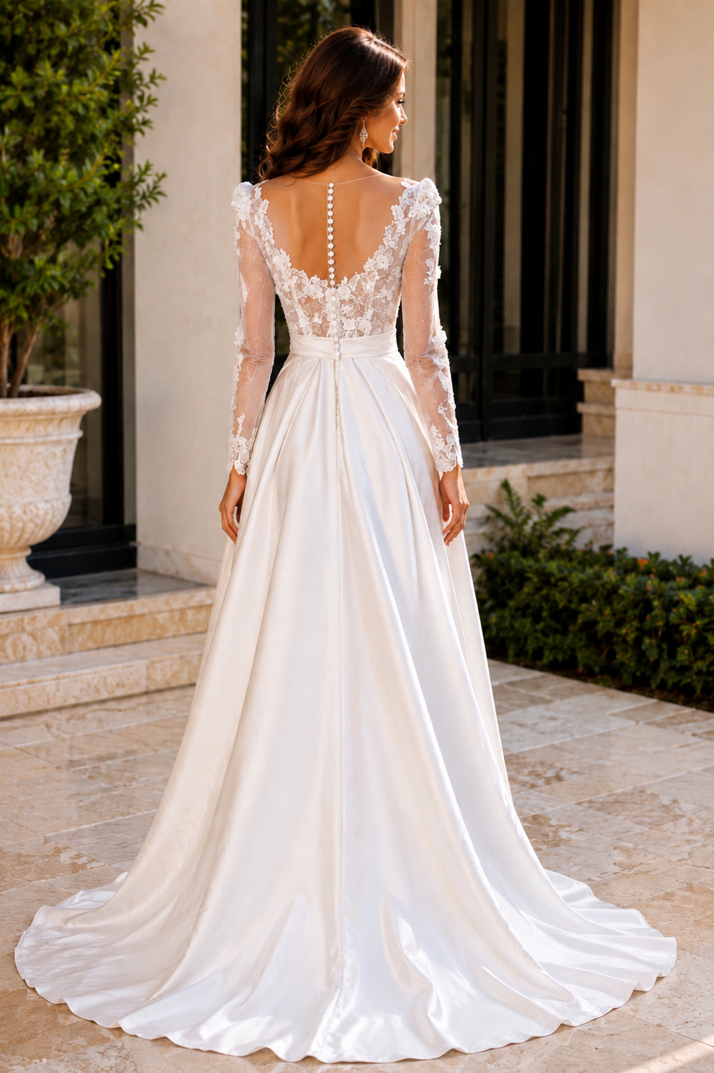 Custom A-Line Wedding Dress with Lace Long Sleeves, V-Neck Satin Skirt & Side Slit
