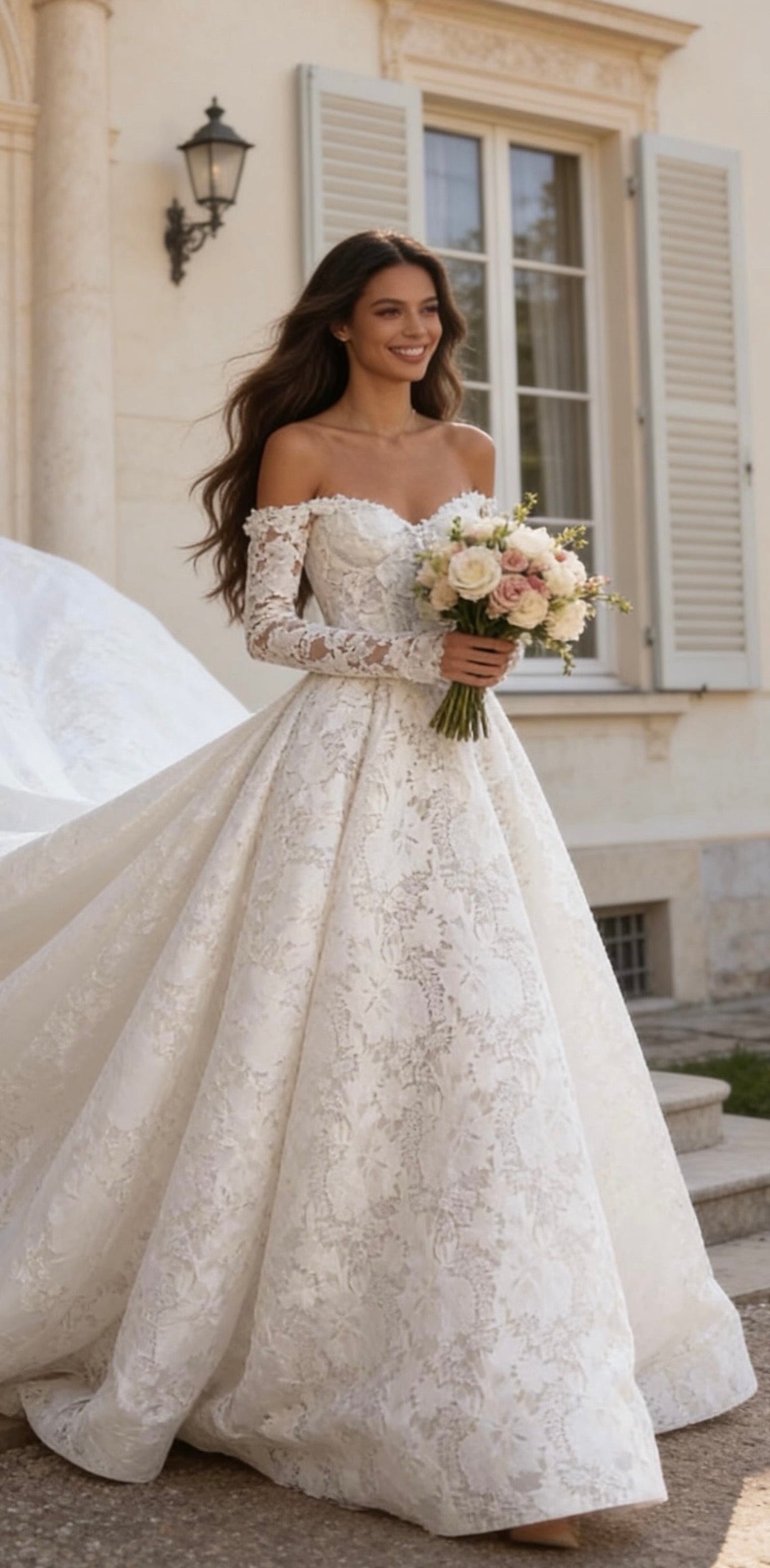 Custom Made Lace Wedding Dress with Sweetheart Neckline, Off-the-Shoulder Long Sleeves Long Train