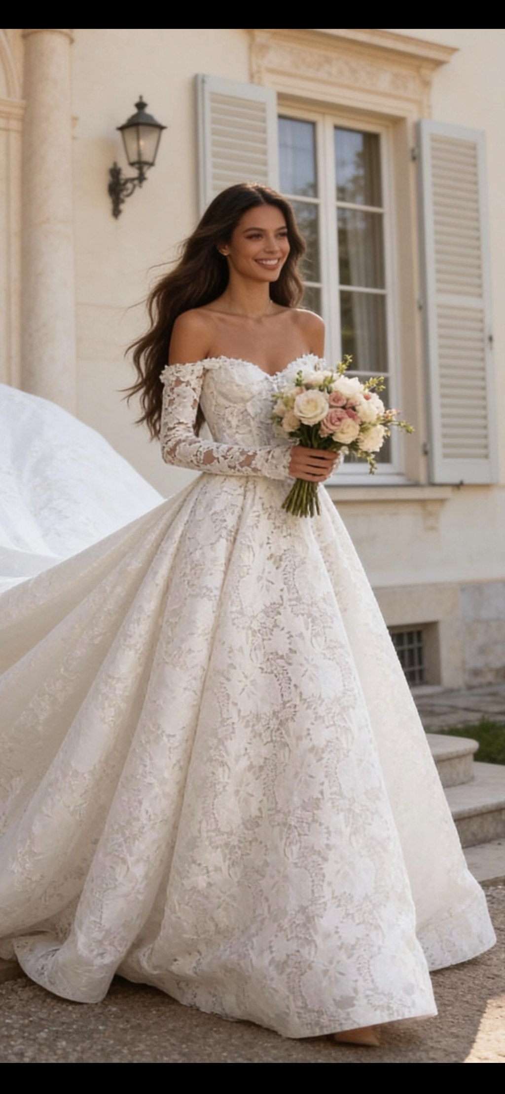 Custom Made Lace Wedding Dress with Sweetheart Neckline, Off-the-Shoulder Long Sleeves Long Train