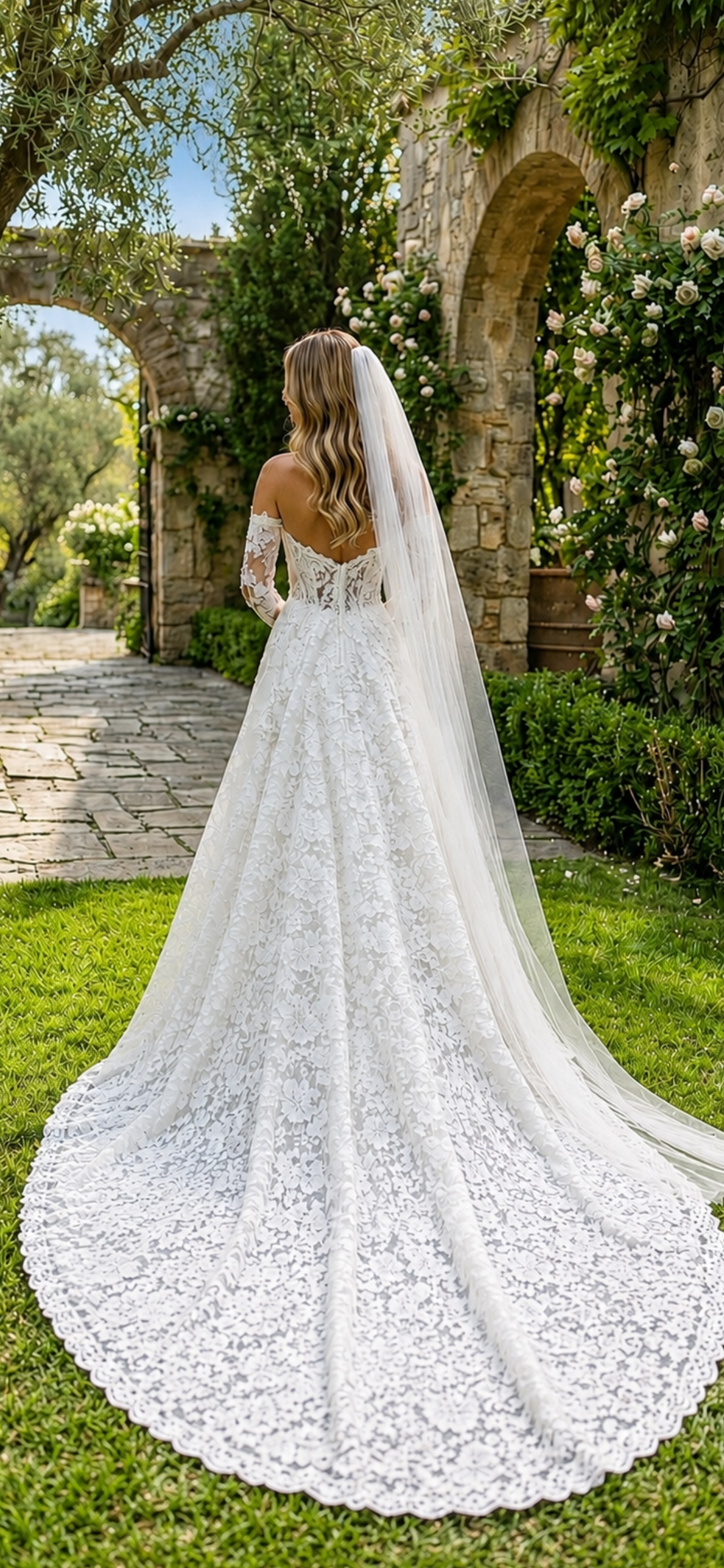 Custom Made Lace Wedding Dress with Sweetheart Neckline, Off-the-Shoulder Long Sleeves Long Train
