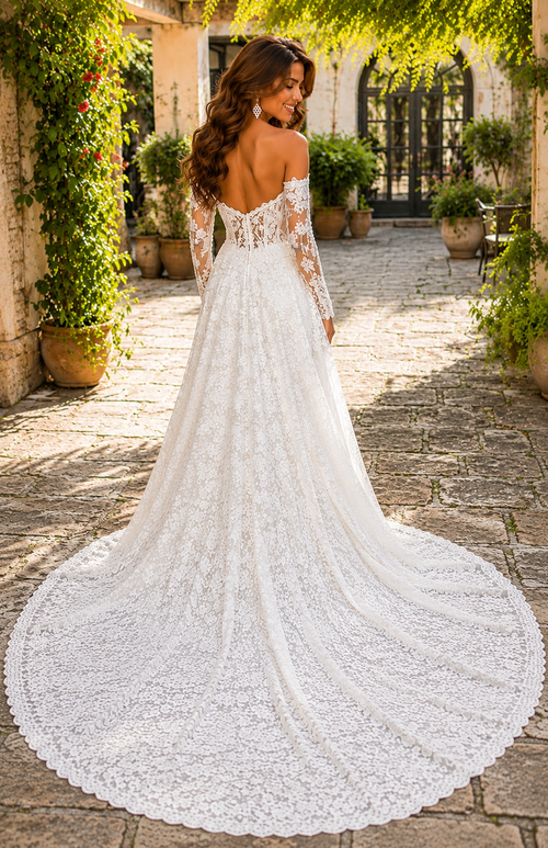 Bohemian Wedding Dress with Sweetheart Neckline, Off-the-Shoulder Long Sleeves Long Train | Custom Made Lace