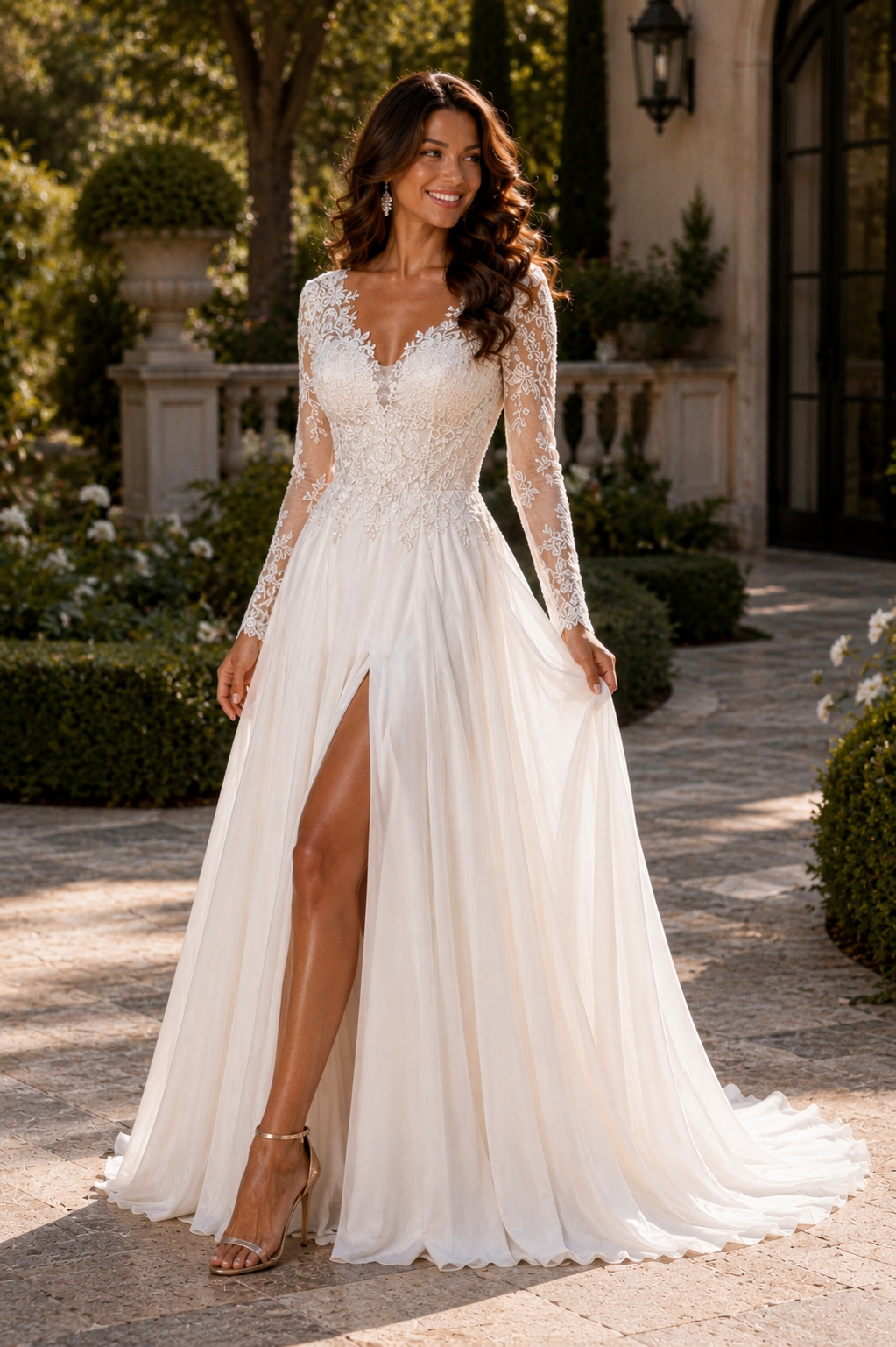 Custom Bohemian Chiffon Wedding Dress with Lace Sleeves & Slit