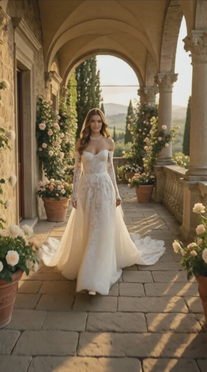 Custom Made Lace Wedding Dress with Sweetheart Neckline, Off-the-Shoulder Long Sleeves Long Train