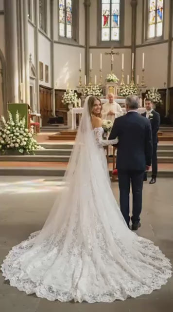 Custom Made Lace Wedding Dress with Sweetheart Neckline, Off-the-Shoulder Long Sleeves Long Train